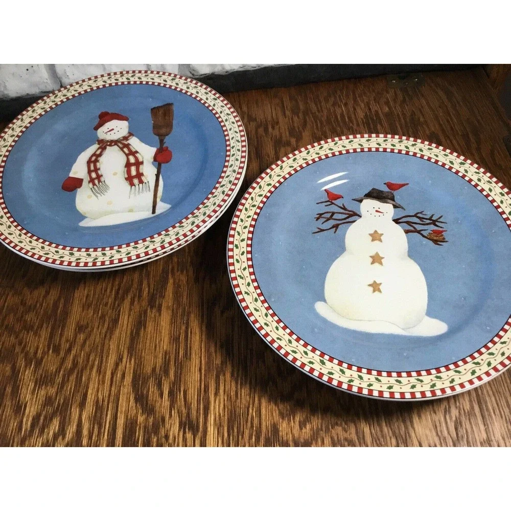 Vtg Debbie Mumm Jolly Snowmen Sakura 1997 Salad Plates Country Christmas Winter‎